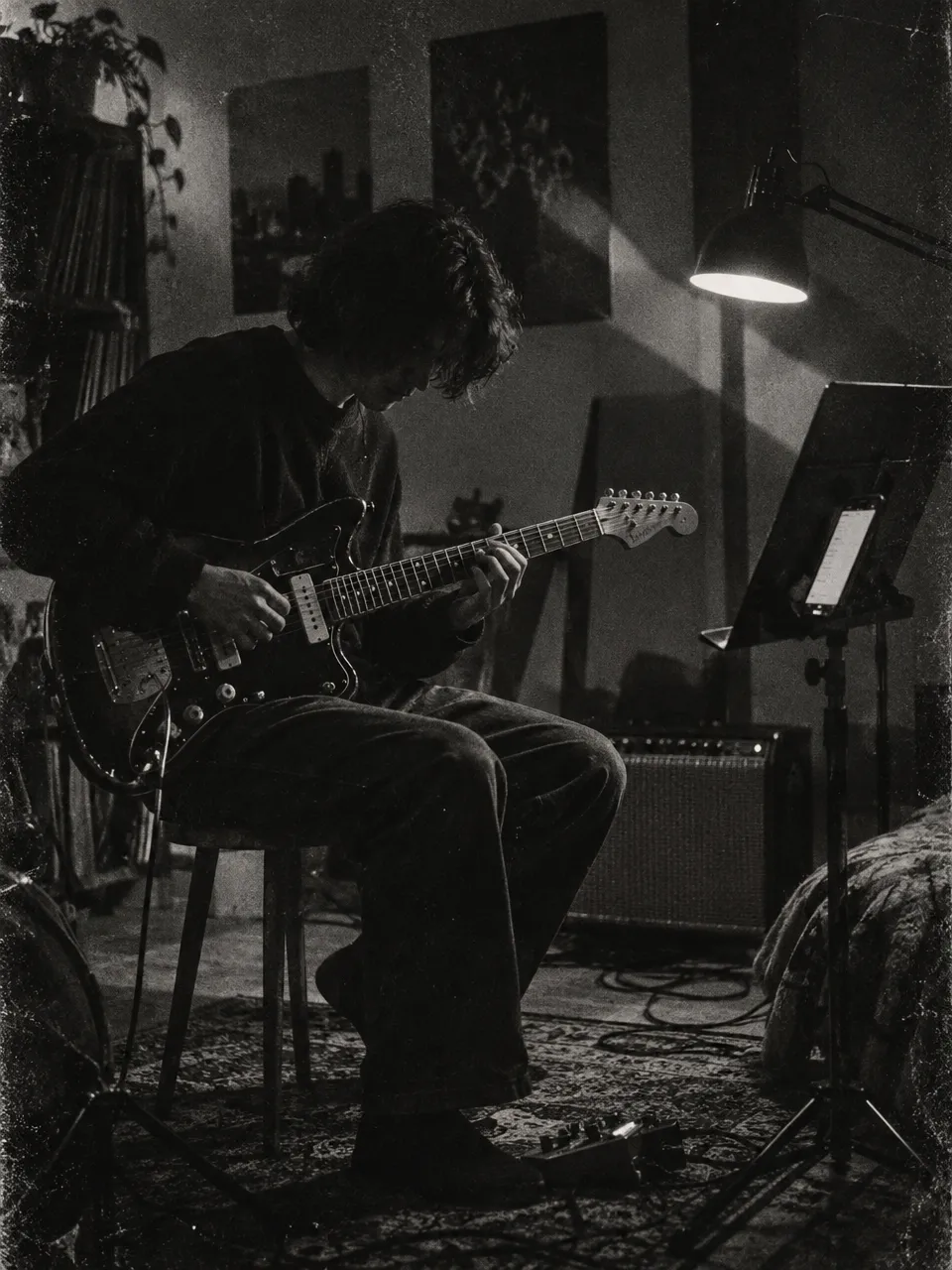 A guitarist practicing at home with a phone on a music stand